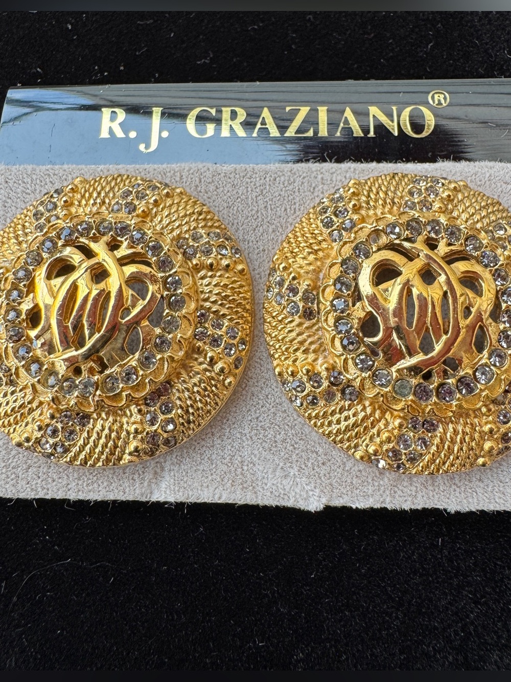 Vintage RJ Graziano Gold Tone Round Crystal Clip-On Earrings